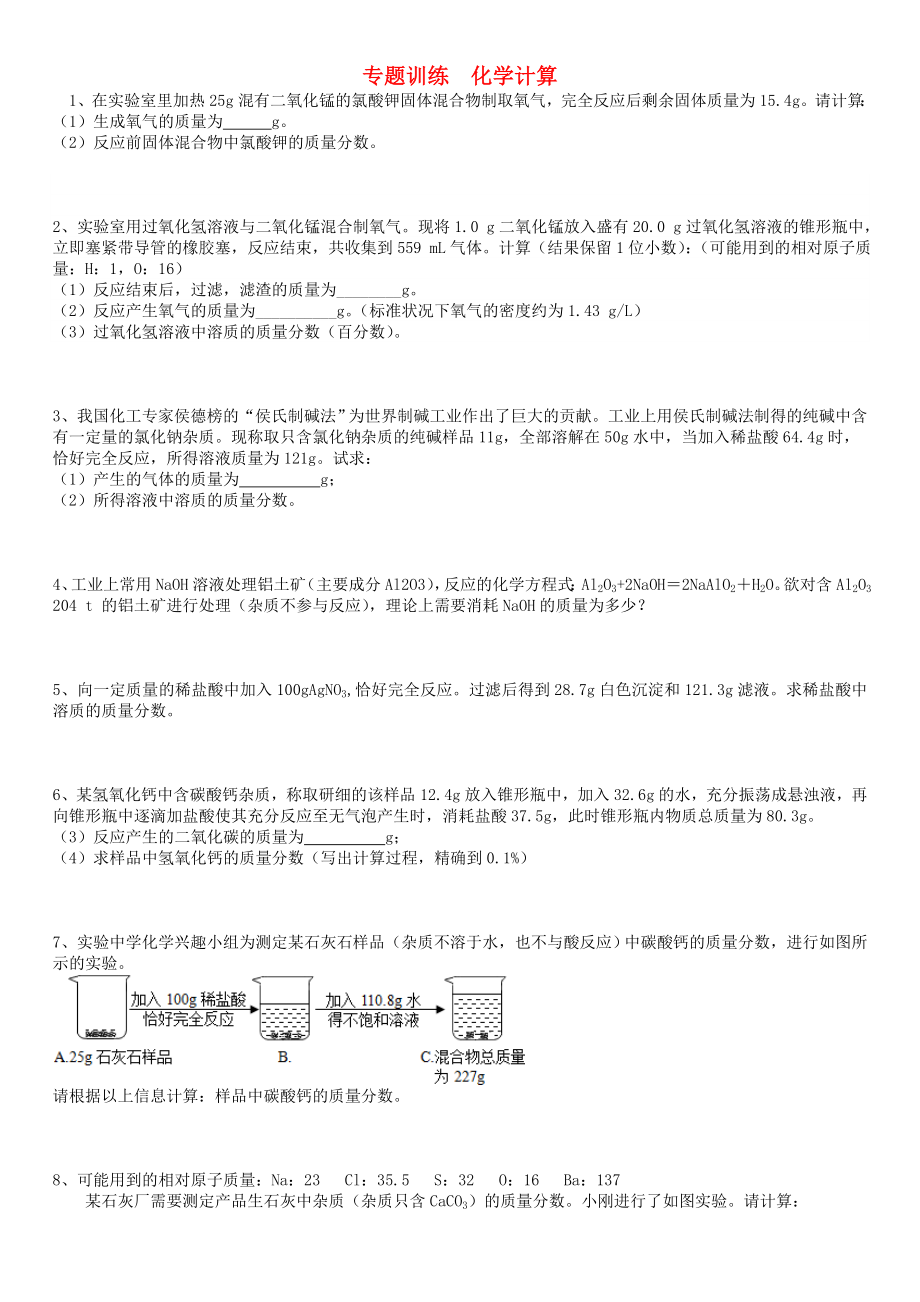 2020年中考化學(xué)專題訓(xùn)練 化學(xué)計算（無答案）_第1頁