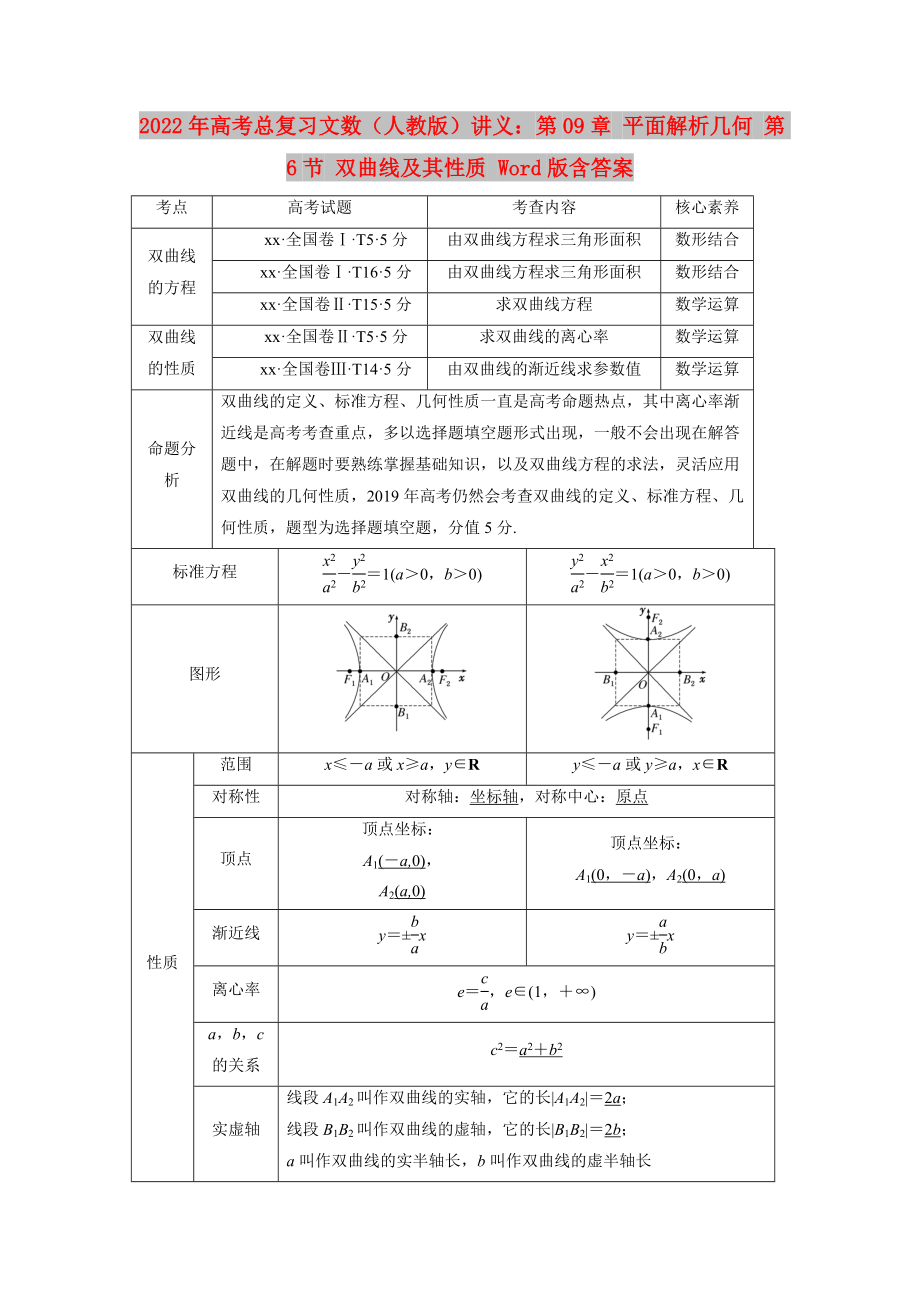 2022年高考總復(fù)習(xí)文數(shù)（人教版）講義：第09章 平面解析幾何 第6節(jié) 雙曲線及其性質(zhì) Word版含答案_第1頁(yè)