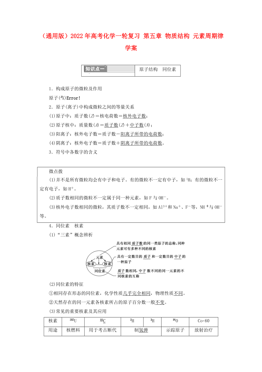 （通用版）2022年高考化學(xué)一輪復(fù)習(xí) 第五章 物質(zhì)結(jié)構(gòu) 元素周期律學(xué)案_第1頁(yè)