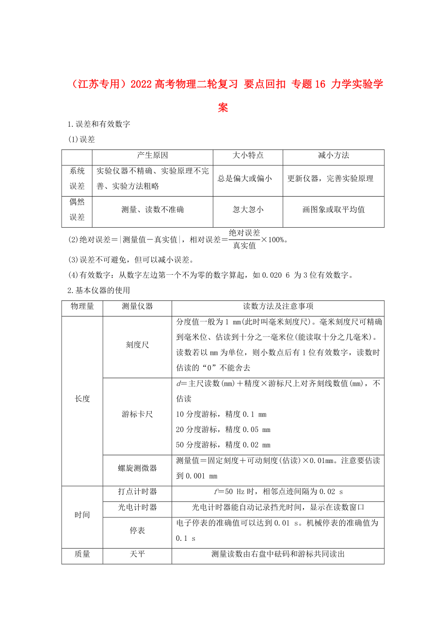 （江苏专用）2022高考物理二轮复习 要点回扣 专题16 力学实验学案_第1页