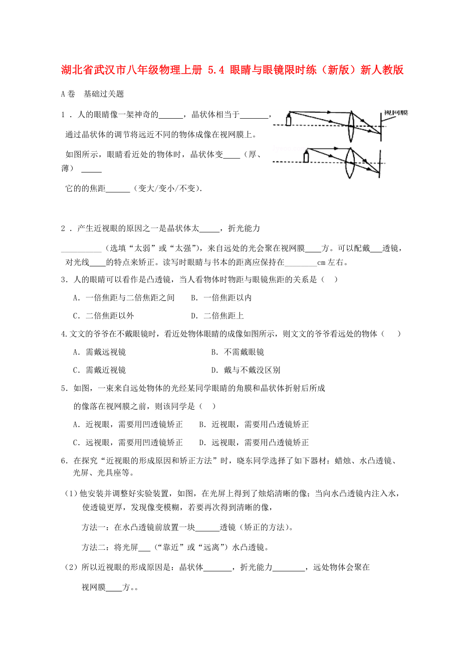 湖北省武汉市八年级物理上册 5.4 眼睛与眼镜限时练（新版）新人教版_第1页