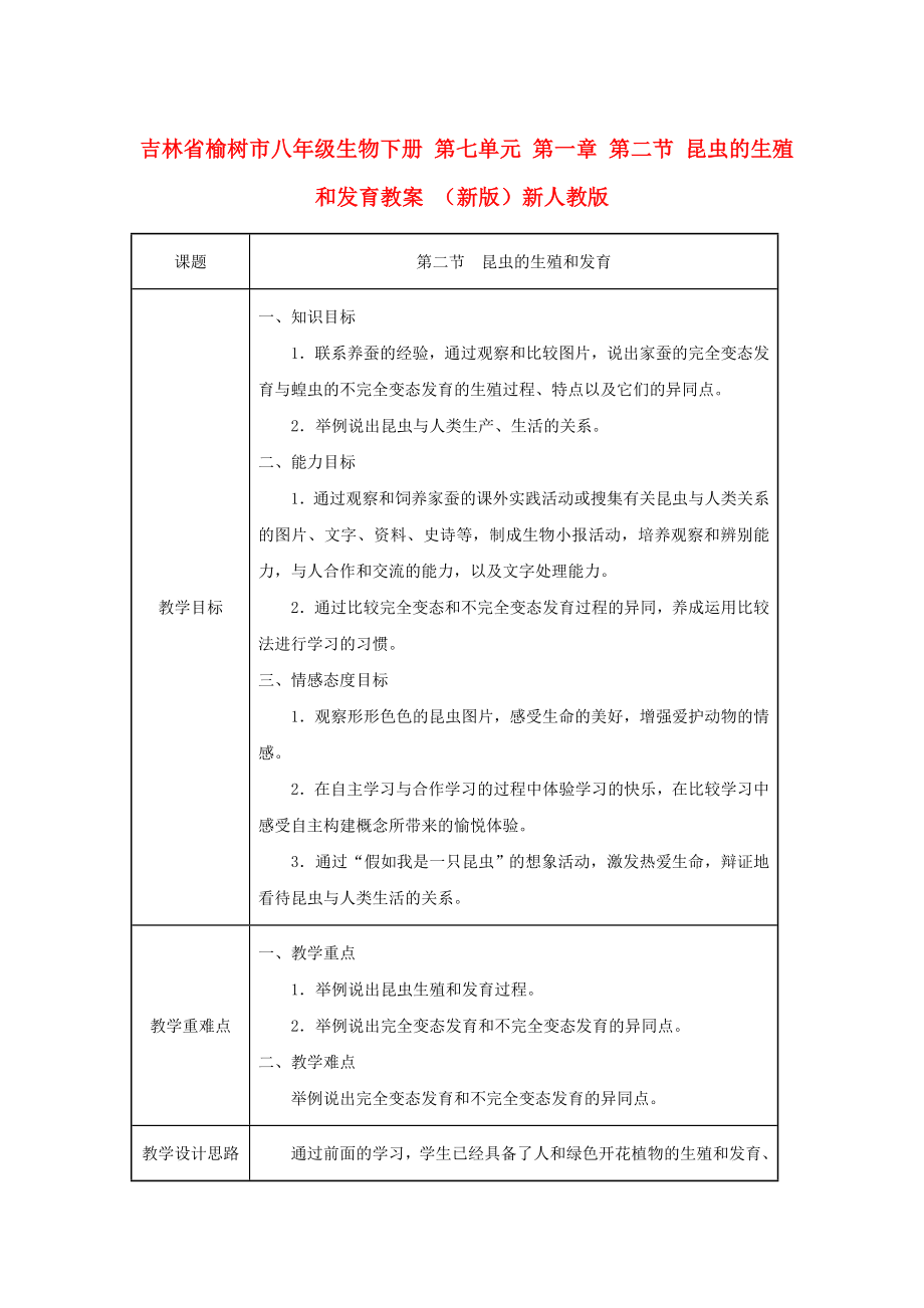 吉林省榆樹市八年級生物下冊 第七單元 第一章 第二節(jié) 昆蟲的生殖和發(fā)育教案 （新版）新人教版_第1頁