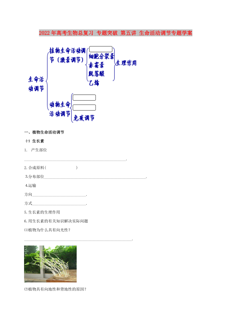 2022年高考生物總復習 專題突破 第五講 生命活動調(diào)節(jié)專題學案_第1頁