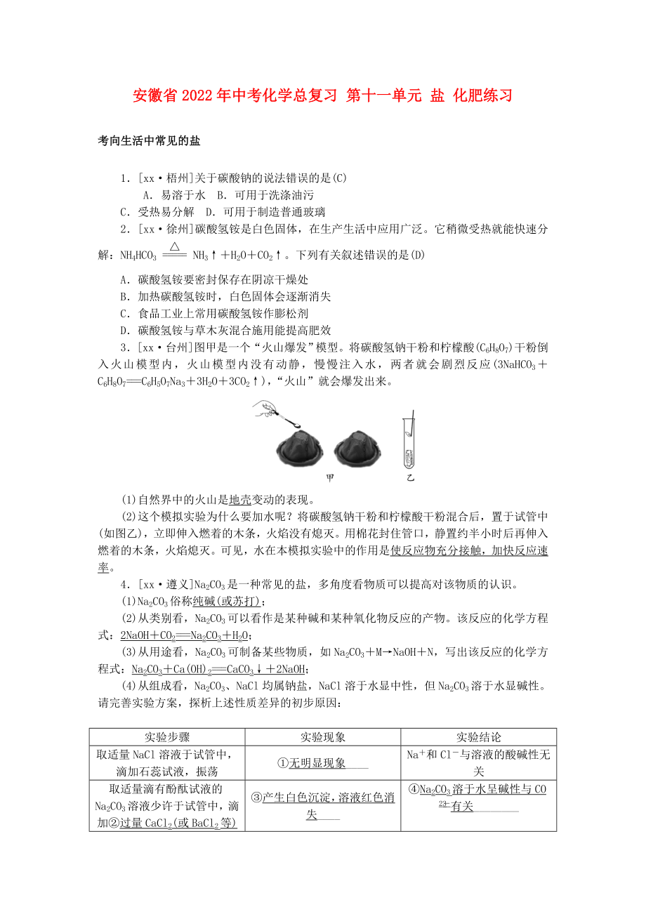 安徽省2022年中考化學(xué)總復(fù)習(xí) 第十一單元 鹽 化肥練習(xí)_第1頁