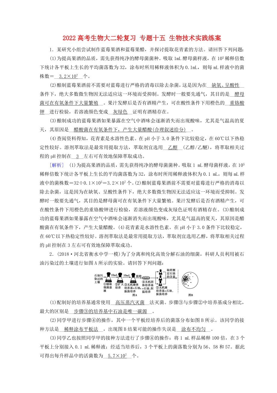 2022高考生物大二轮复习 专题十五 生物技术实践练案_第1页