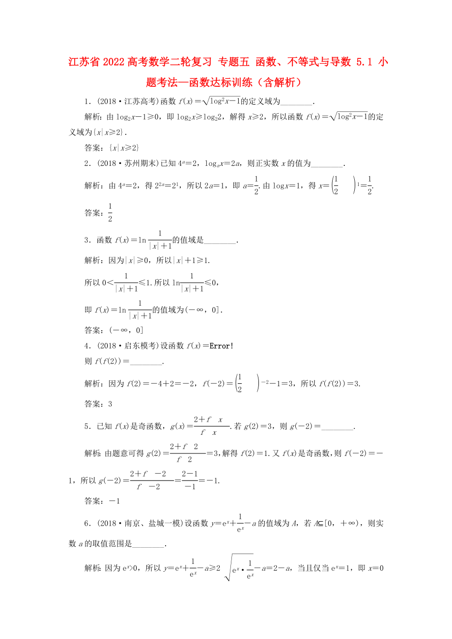 江蘇省2022高考數(shù)學(xué)二輪復(fù)習(xí) 專題五 函數(shù)、不等式與導(dǎo)數(shù) 5.1 小題考法—函數(shù)達(dá)標(biāo)訓(xùn)練（含解析）_第1頁(yè)