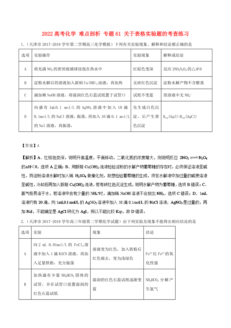 2022高考化學(xué) 難點(diǎn)剖析 專題61 關(guān)于表格實(shí)驗(yàn)題的考查練習(xí)_第1頁(yè)