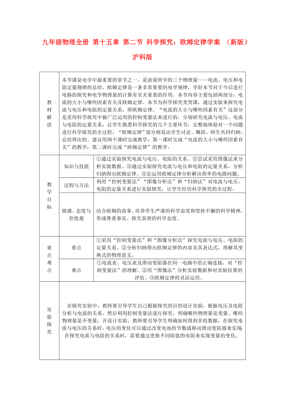 九年級物理全冊 第十五章 第二節(jié) 科學(xué)探究：歐姆定律學(xué)案 （新版）滬科版_第1頁