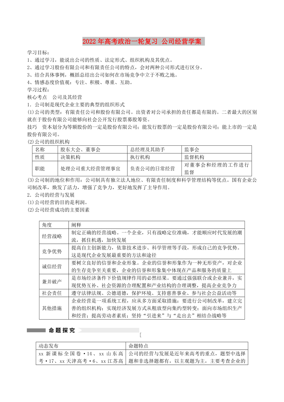 2022年高考政治一輪復(fù)習(xí) 公司經(jīng)營學(xué)案_第1頁