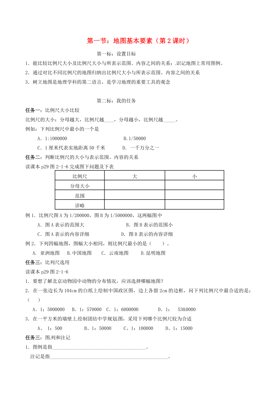 云南省昆明市西山區(qū)團(tuán)結(jié)民族中學(xué)2020年秋七年級地理上冊 第二章 第一節(jié) 地圖的基本要素（第2課時）學(xué)案（無答案）（新版）商務(wù)星球版_第1頁