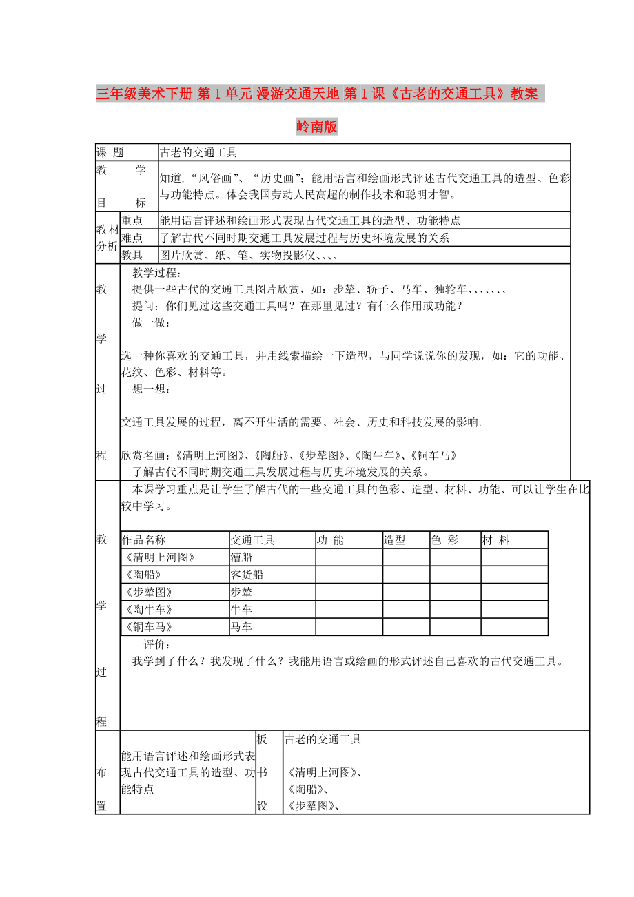 三年级美术下册 第1单元 漫游交通天地 第1课《古老的交通工具》教案 岭南版_第1页