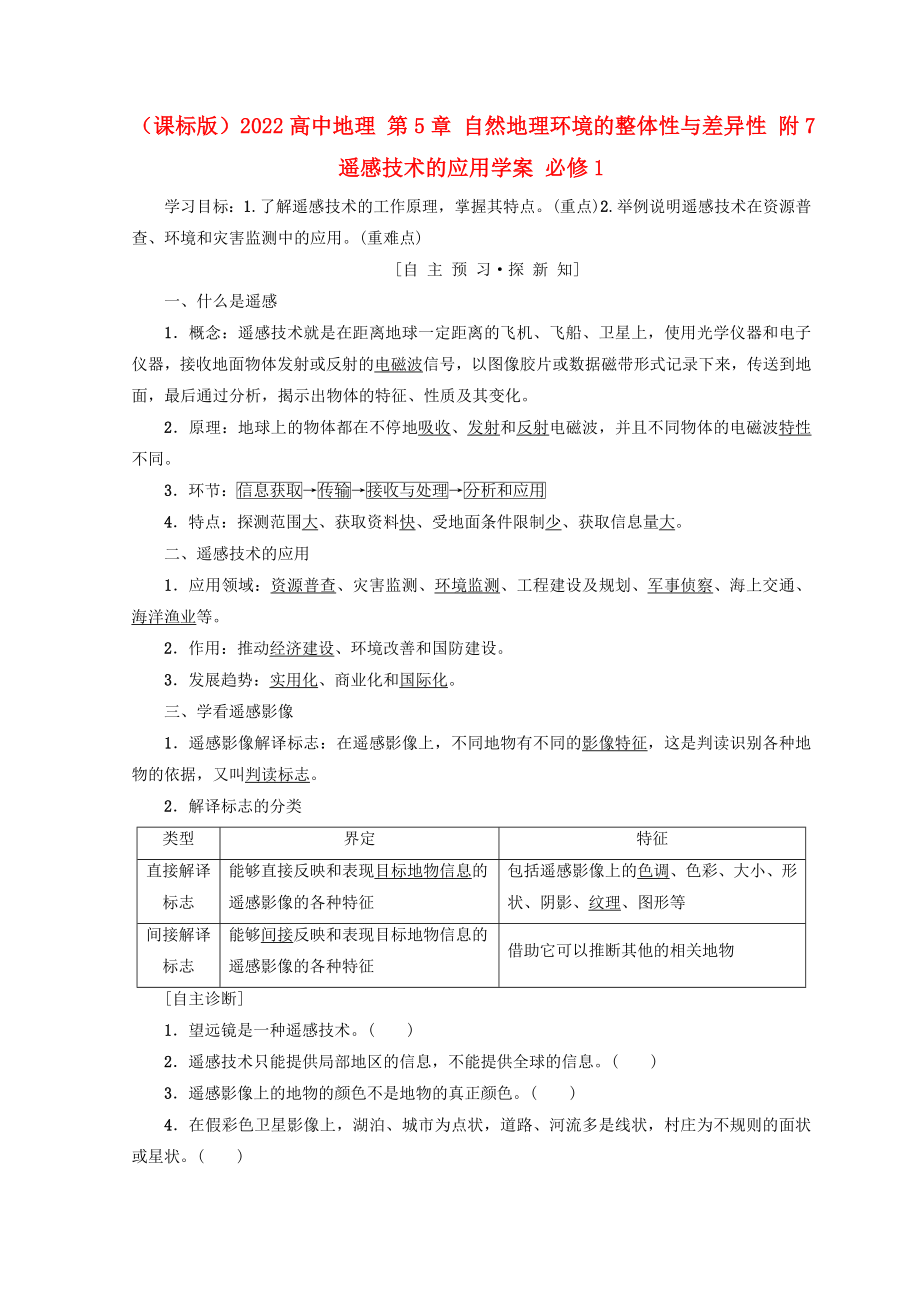 （课标版）2022高中地理 第5章 自然地理环境的整体性与差异性 附7 遥感技术的应用学案 必修1_第1页