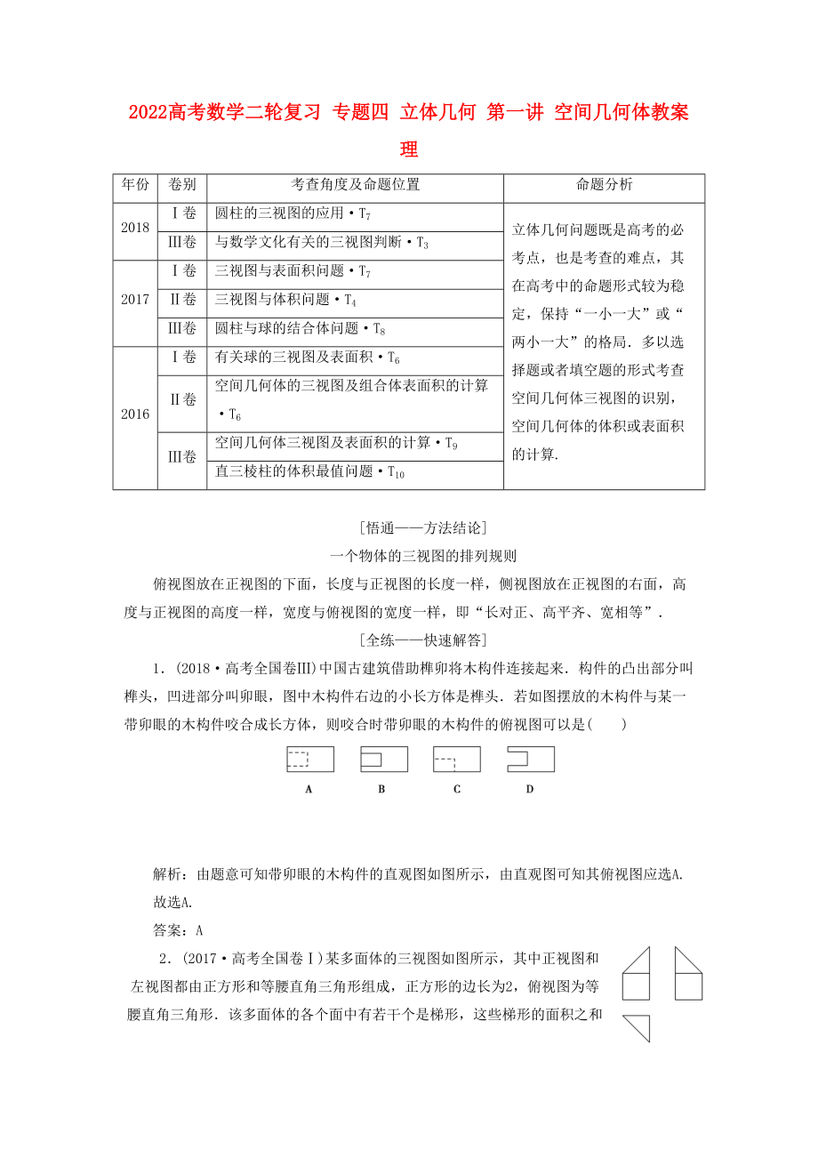 2022高考數(shù)學(xué)二輪復(fù)習(xí) 專題四 立體幾何 第一講 空間幾何體教案 理_第1頁