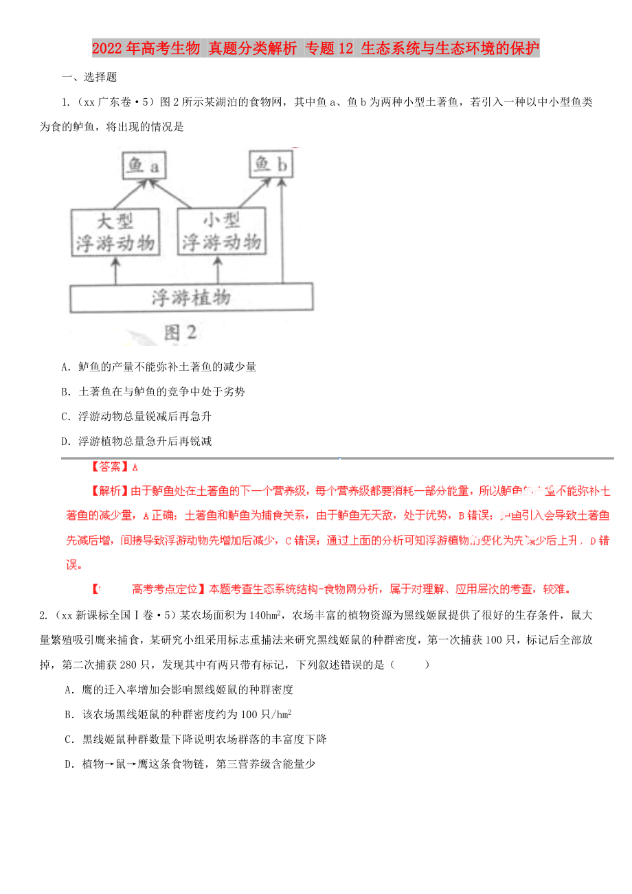 2022年高考生物 真題分類解析 專題12 生態(tài)系統(tǒng)與生態(tài)環(huán)境的保護(hù)_第1頁