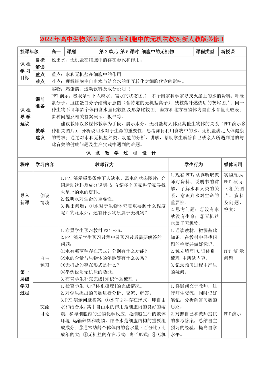 2022年高中生物 第2章 第5節(jié) 細胞中的無機物教案 新人教版必修1_第1頁