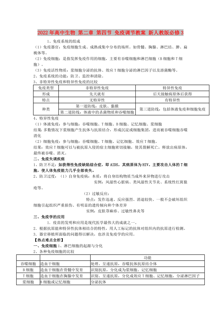 2022年高中生物 第二章 第四節(jié) 免疫調(diào)節(jié)教案 新人教版必修3_第1頁