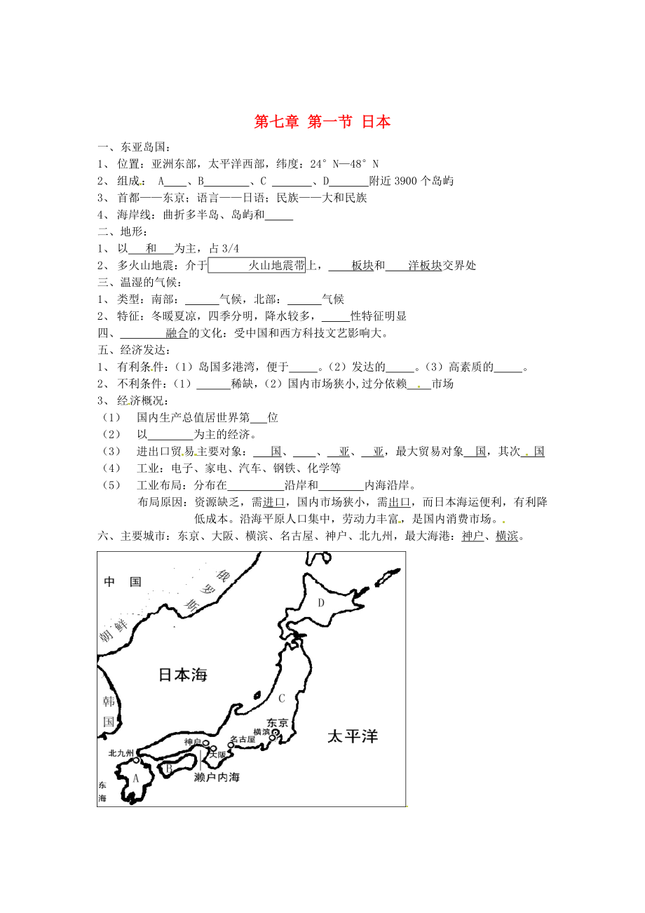 湖北省黃石市第十六中學(xué)七年級(jí)地理下冊(cè) 第七章 第一節(jié) 日本練習(xí)（無(wú)答案） 新人教版_第1頁(yè)