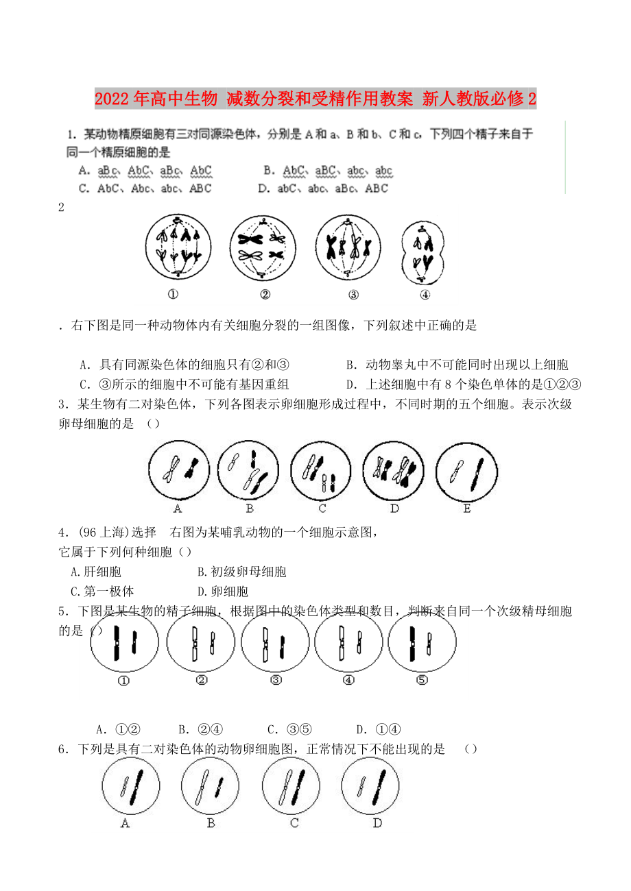 2022年高中生物 減數(shù)分裂和受精作用教案 新人教版必修2_第1頁