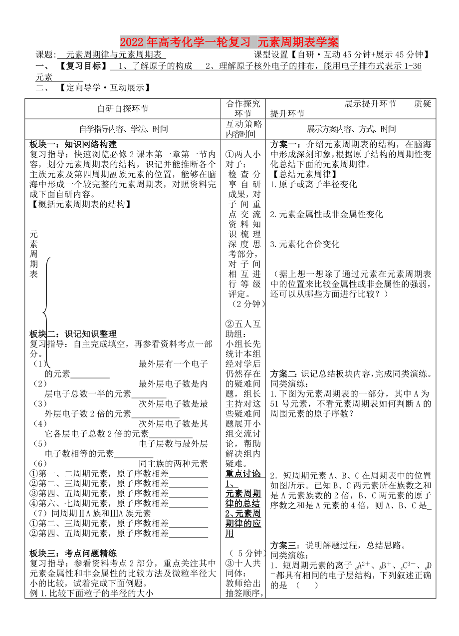 2022年高考化學一輪復習 元素周期表學案_第1頁