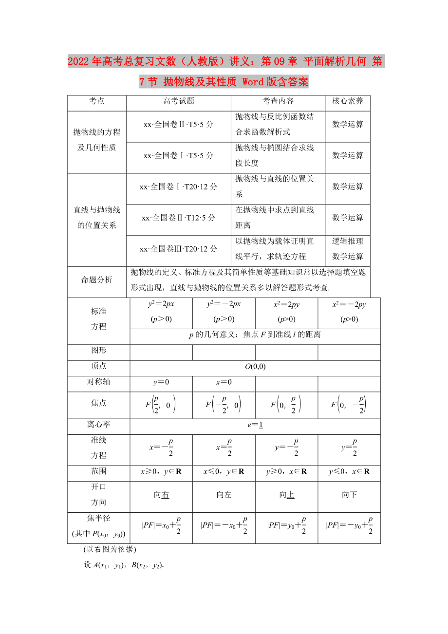 2022年高考总复习文数（人教版）讲义：第09章 平面解析几何 第7节 抛物线及其性质 Word版含答案_第1页