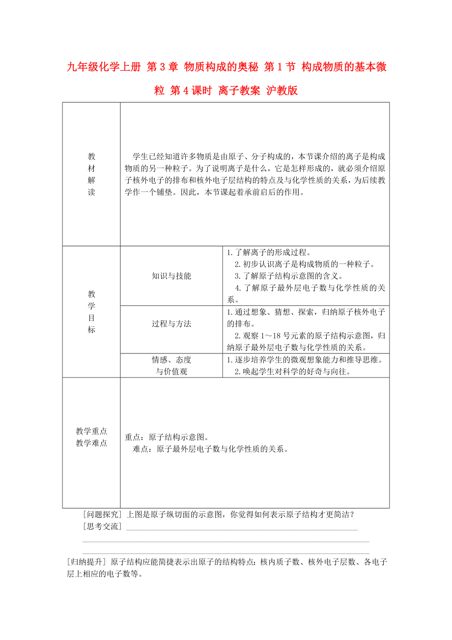 九年級化學上冊 第3章 物質構成的奧秘 第1節(jié) 構成物質的基本微粒 第4課時 離子教案 滬教版_第1頁