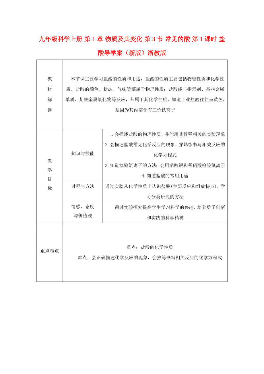 九年級(jí)科學(xué)上冊(cè) 第1章 物質(zhì)及其變化 第3節(jié) 常見(jiàn)的酸 第1課時(shí) 鹽酸導(dǎo)學(xué)案（新版）浙教版_第1頁(yè)