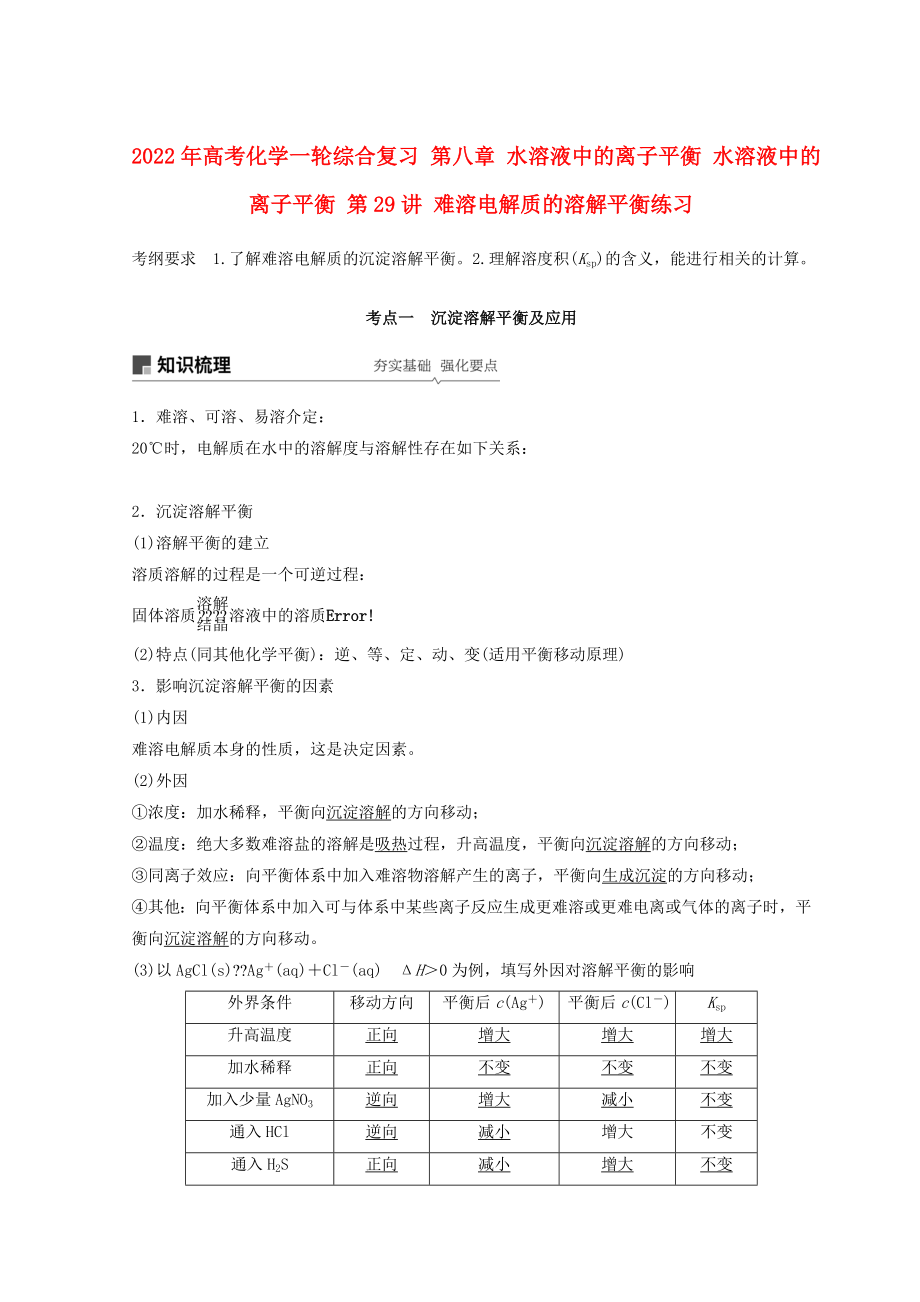 2022年高考化學(xué)一輪綜合復(fù)習(xí) 第八章 水溶液中的離子平衡 水溶液中的離子平衡 第29講 難溶電解質(zhì)的溶解平衡練習(xí)_第1頁(yè)