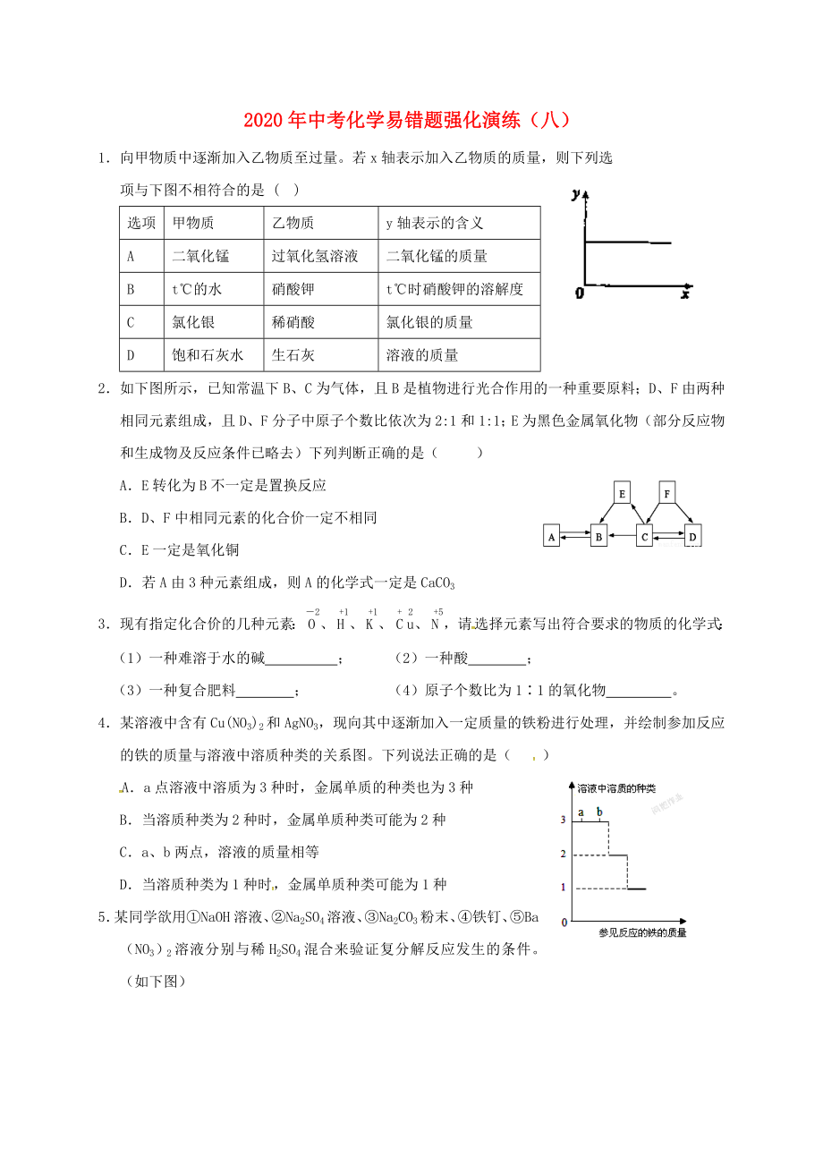 2020屆中考化學(xué) 易錯題強化演練（八）（無答案）_第1頁