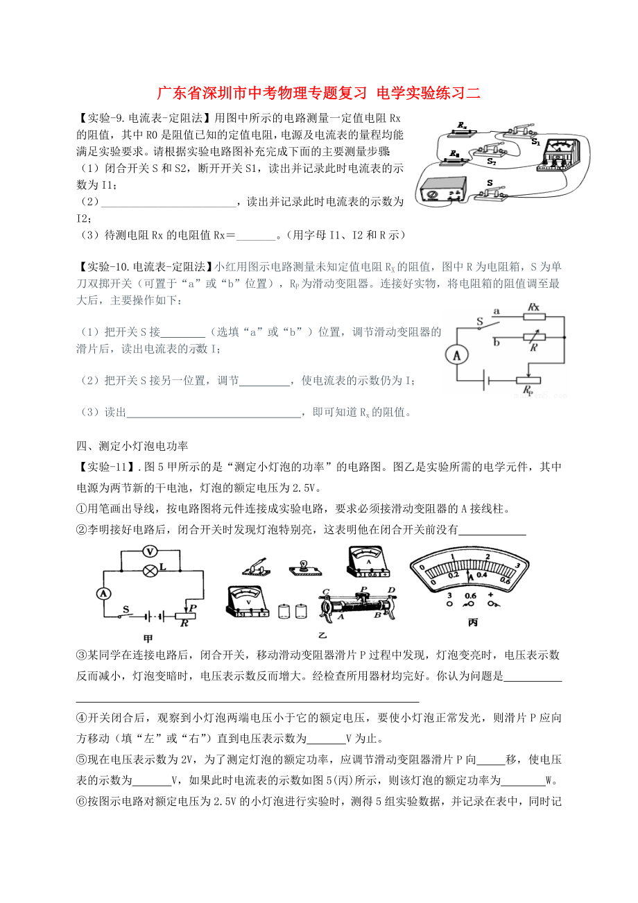 廣東省深圳市中考物理專(zhuān)題復(fù)習(xí) 電學(xué)實(shí)驗(yàn)練習(xí)二_第1頁(yè)