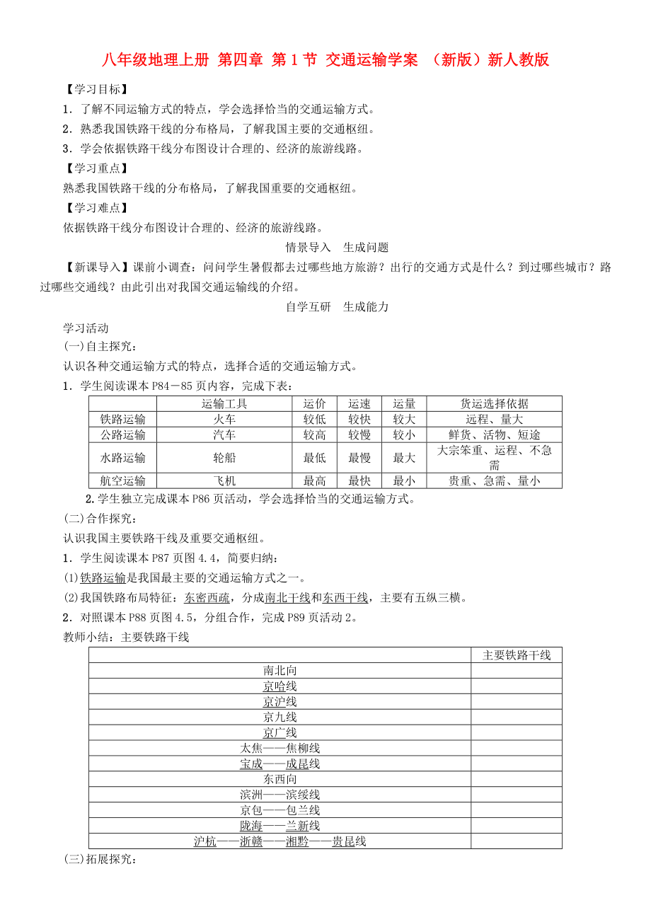 八年級地理上冊 第四章 第1節(jié) 交通運輸學案 （新版）新人教版_第1頁