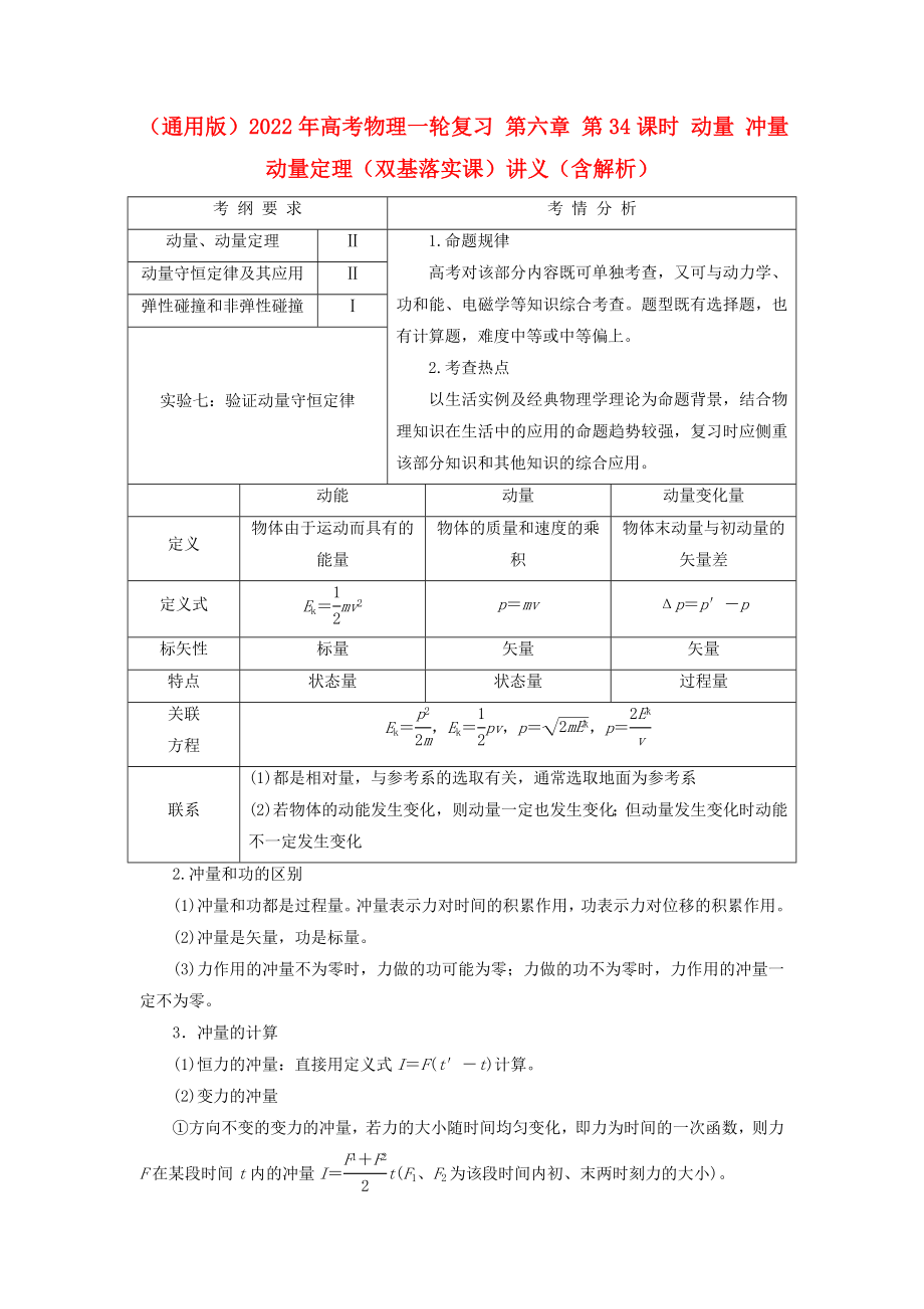 （通用版）2022年高考物理一輪復(fù)習(xí) 第六章 第34課時(shí) 動(dòng)量 沖量 動(dòng)量定理（雙基落實(shí)課）講義（含解析）_第1頁(yè)