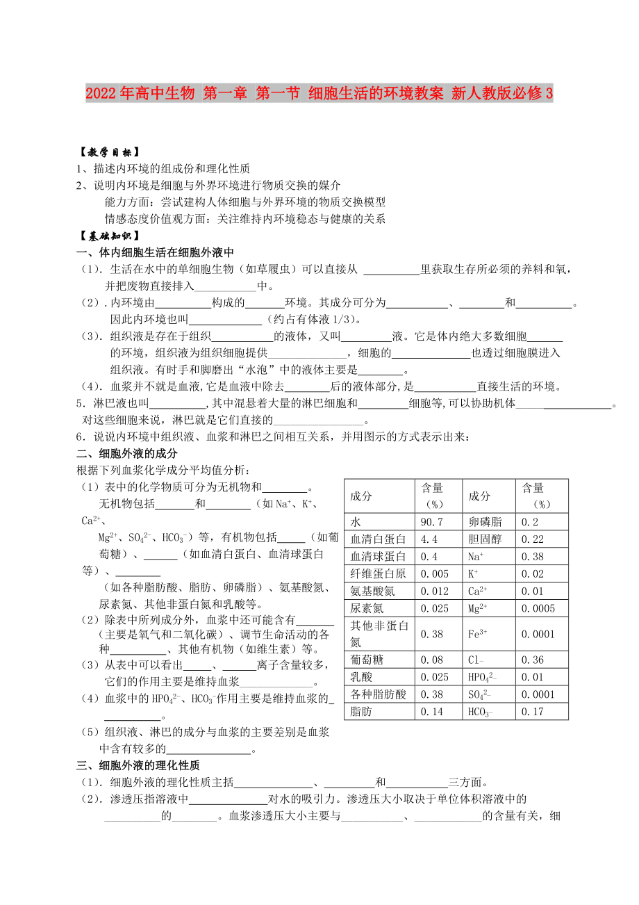 2022年高中生物 第一章 第一節(jié) 細胞生活的環(huán)境教案 新人教版必修3_第1頁