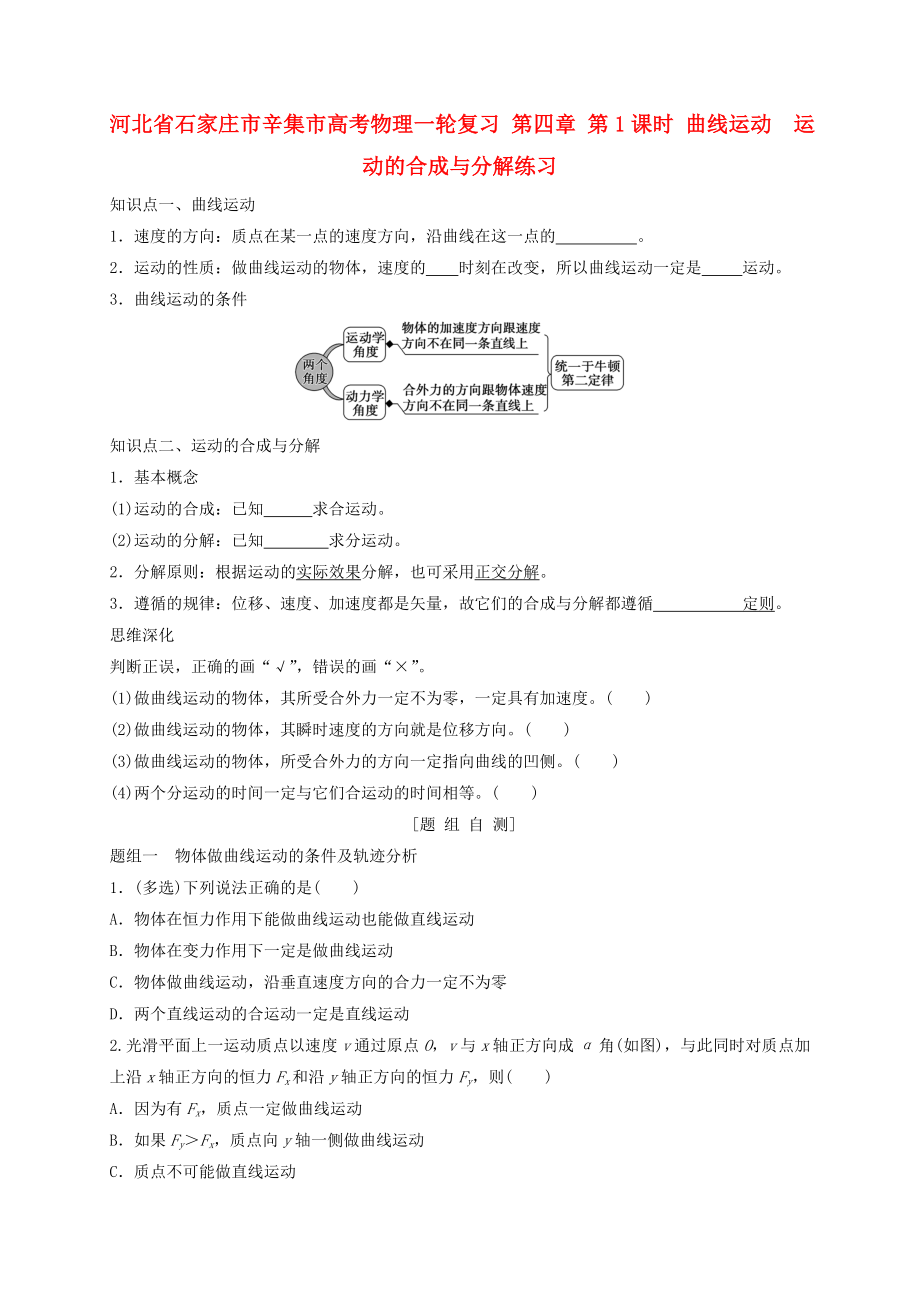 河北省石家莊市辛集市高考物理一輪復(fù)習(xí) 第四章 第1課時(shí) 曲線(xiàn)運(yùn)動(dòng)運(yùn)動(dòng)的合成與分解練習(xí)_第1頁(yè)