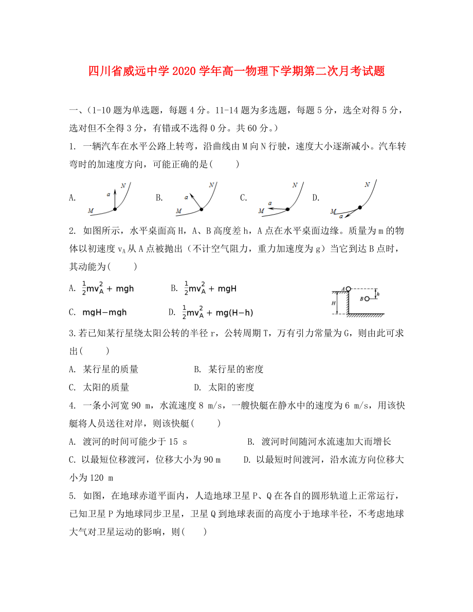 四川省威远中学高一物理下学期第二次月考试题_第1页