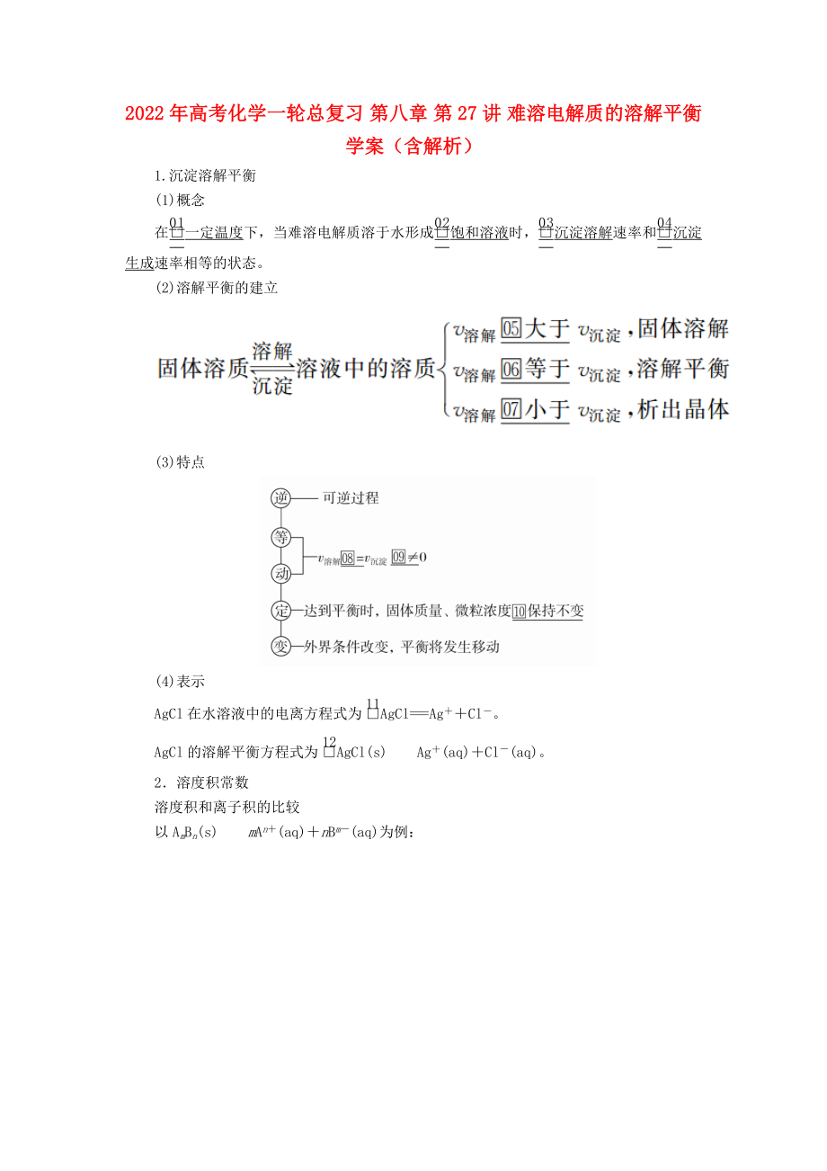 2022年高考化學(xué)一輪總復(fù)習(xí) 第八章 第27講 難溶電解質(zhì)的溶解平衡學(xué)案（含解析）_第1頁