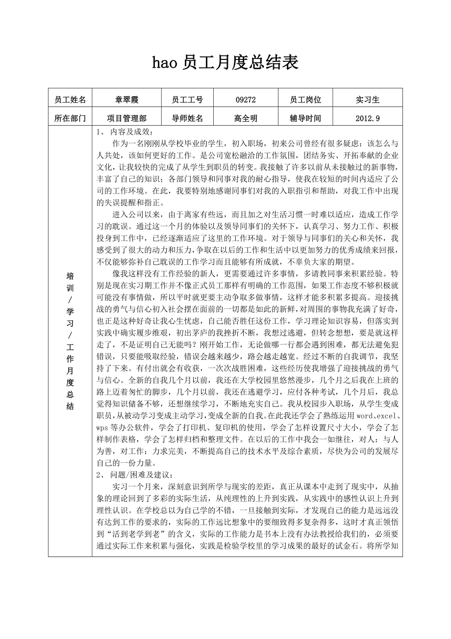 员工总结表2012年9月份样本_第1页