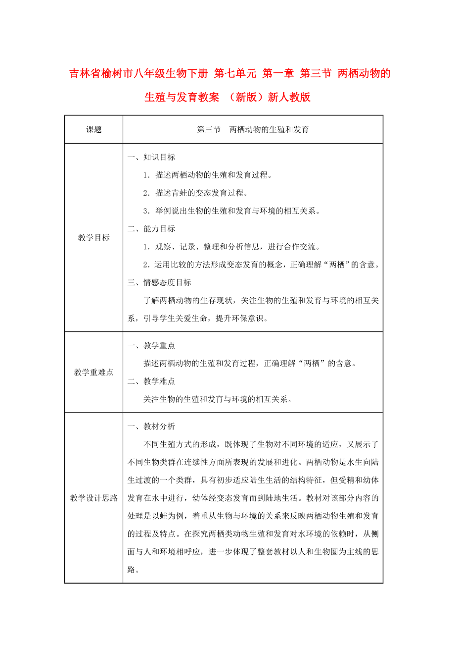 吉林省榆樹市八年級(jí)生物下冊(cè) 第七單元 第一章 第三節(jié) 兩棲動(dòng)物的生殖與發(fā)育教案 （新版）新人教版_第1頁