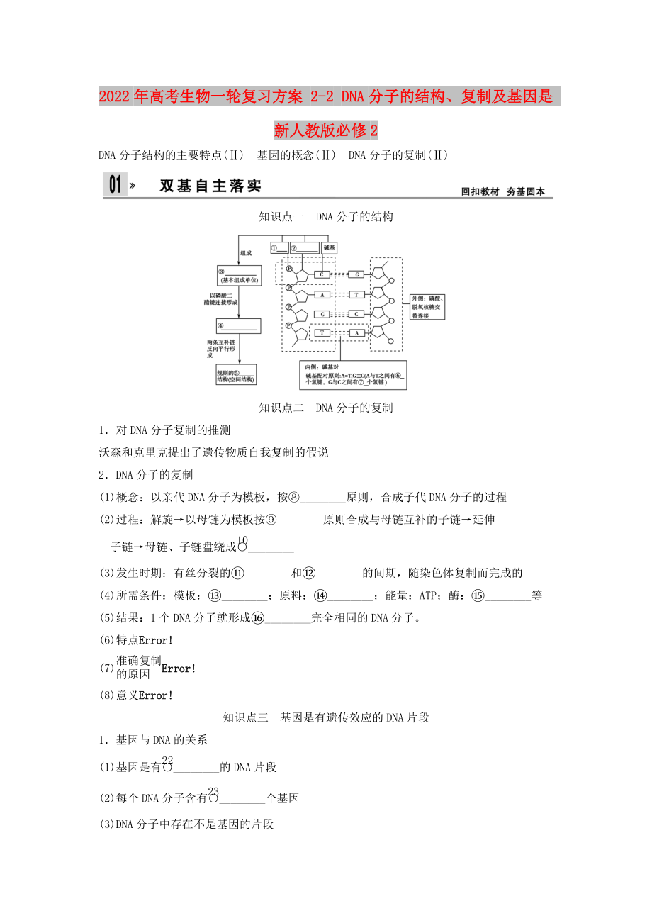 2022年高考生物一輪復(fù)習(xí)方案 2-2 DNA分子的結(jié)構(gòu)、復(fù)制及基因是 新人教版必修2_第1頁