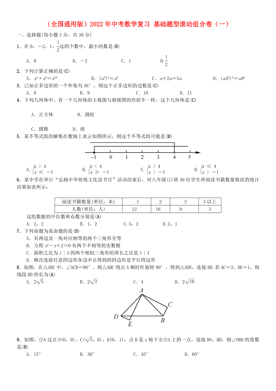 （全國通用版）2022年中考數(shù)學(xué)復(fù)習(xí) 基礎(chǔ)題型滾動組合卷（一）_第1頁