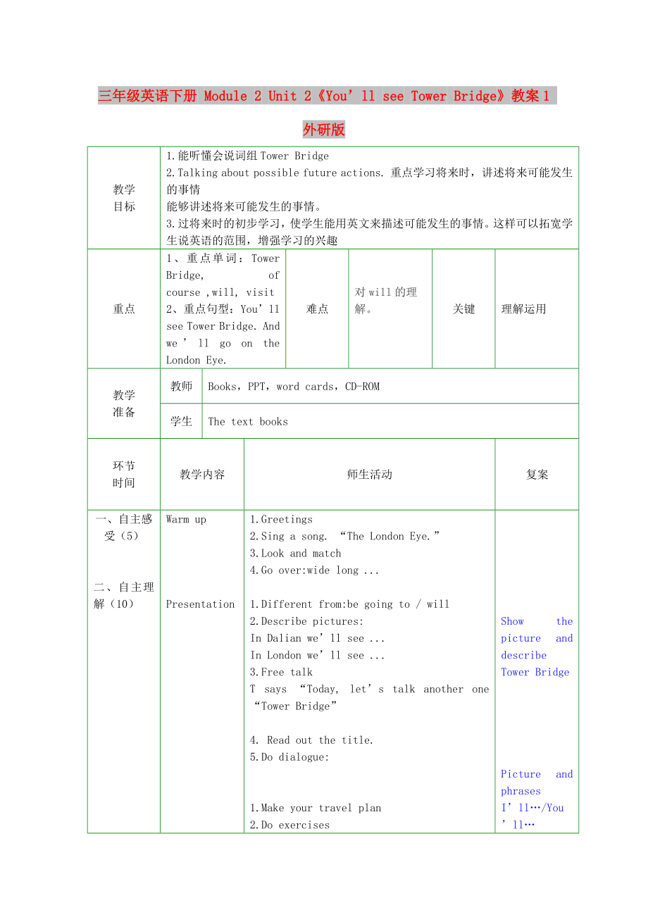 三年级英语下册 Module 2 Unit 2《You’ll see Tower Bridge》教案1 外研版_第1页