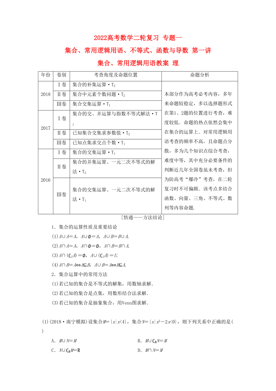 2022高考數(shù)學(xué)二輪復(fù)習(xí) 專題一 集合、常用邏輯用語、不等式、函數(shù)與導(dǎo)數(shù) 第一講 集合、常用邏輯用語教案 理_第1頁