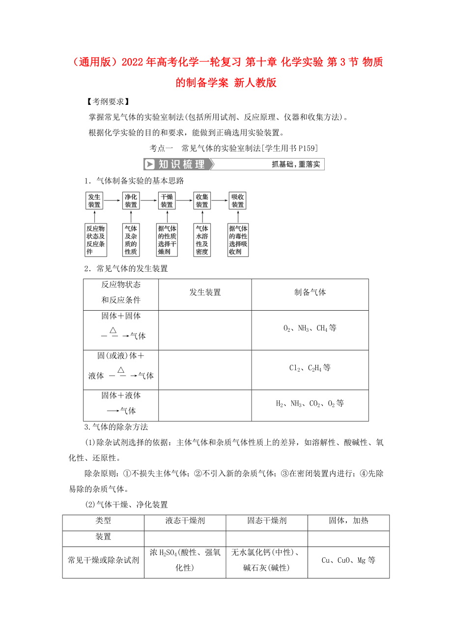 （通用版）2022年高考化學(xué)一輪復(fù)習(xí) 第十章 化學(xué)實(shí)驗(yàn) 第3節(jié) 物質(zhì)的制備學(xué)案 新人教版_第1頁