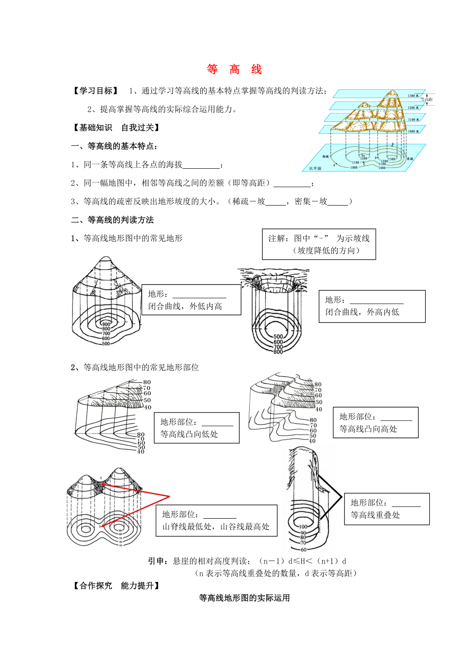 八年級(jí)地理一輪復(fù)習(xí) 等高線學(xué)案（無答案） 新人教版（通用）_第1頁