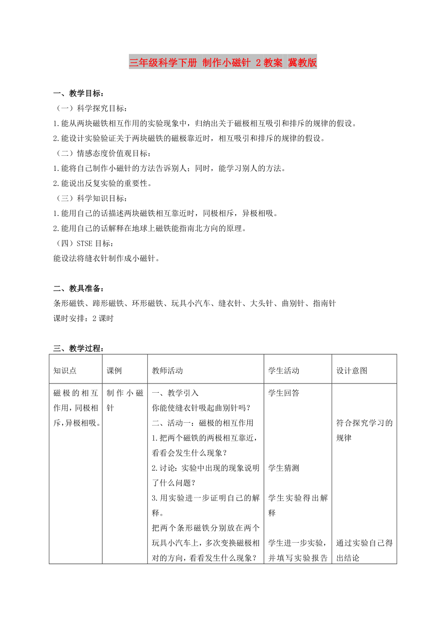 三年級(jí)科學(xué)下冊(cè) 制作小磁針 2教案 冀教版_第1頁(yè)