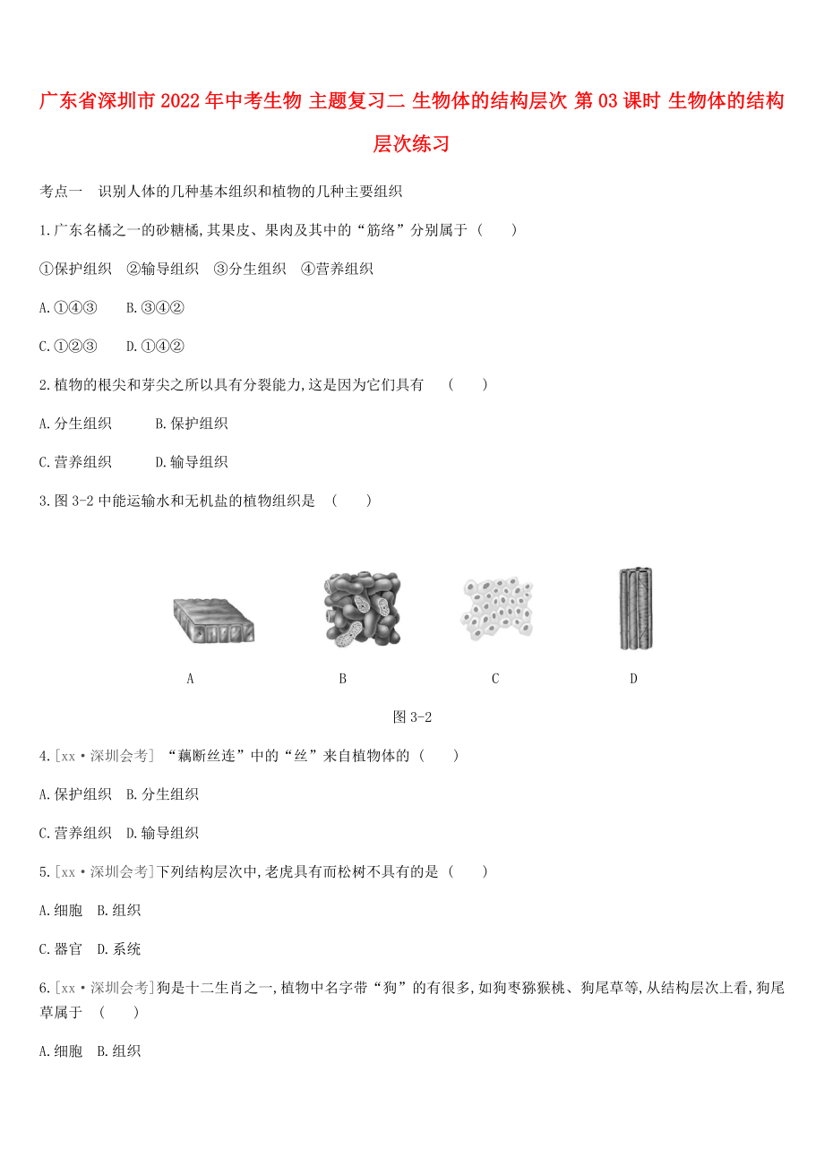 廣東省深圳市2022年中考生物 主題復(fù)習(xí)二 生物體的結(jié)構(gòu)層次 第03課時 生物體的結(jié)構(gòu)層次練習(xí)_第1頁