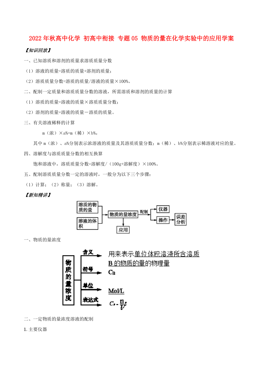 2022年秋高中化學(xué) 初高中銜接 專(zhuān)題05 物質(zhì)的量在化學(xué)實(shí)驗(yàn)中的應(yīng)用學(xué)案_第1頁(yè)