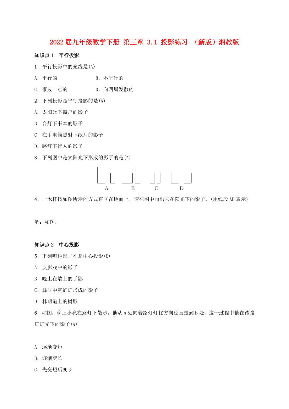 2022屆九年級數(shù)學(xué)下冊 第三章 3.1 投影練習(xí) （新版）湘教版_第1頁