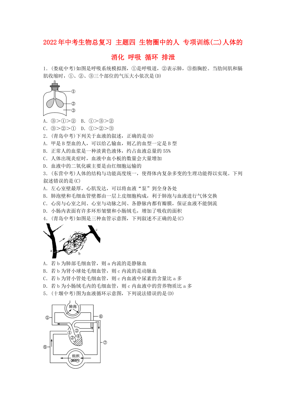 2022年中考生物總復(fù)習(xí) 主題四 生物圈中的人 專項訓(xùn)練(二)人體的消化 呼吸 循環(huán) 排泄_第1頁