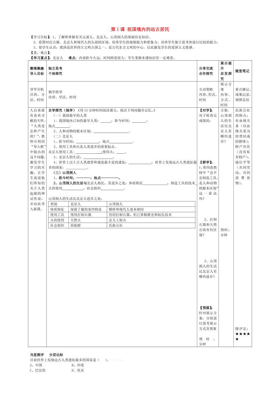 2020學(xué)年七年級歷史上冊 第1課祖國境內(nèi)的遠古居民導(dǎo)學(xué)案（無答案） 新人教版_第1頁