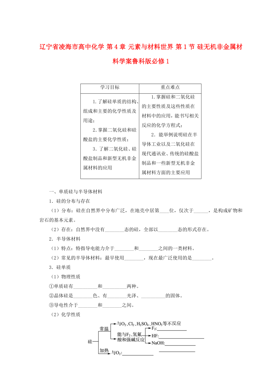 遼寧省凌海市高中化學(xué) 第4章 元素與材料世界 第1節(jié) 硅無機(jī)非金屬材料學(xué)案魯科版必修1_第1頁